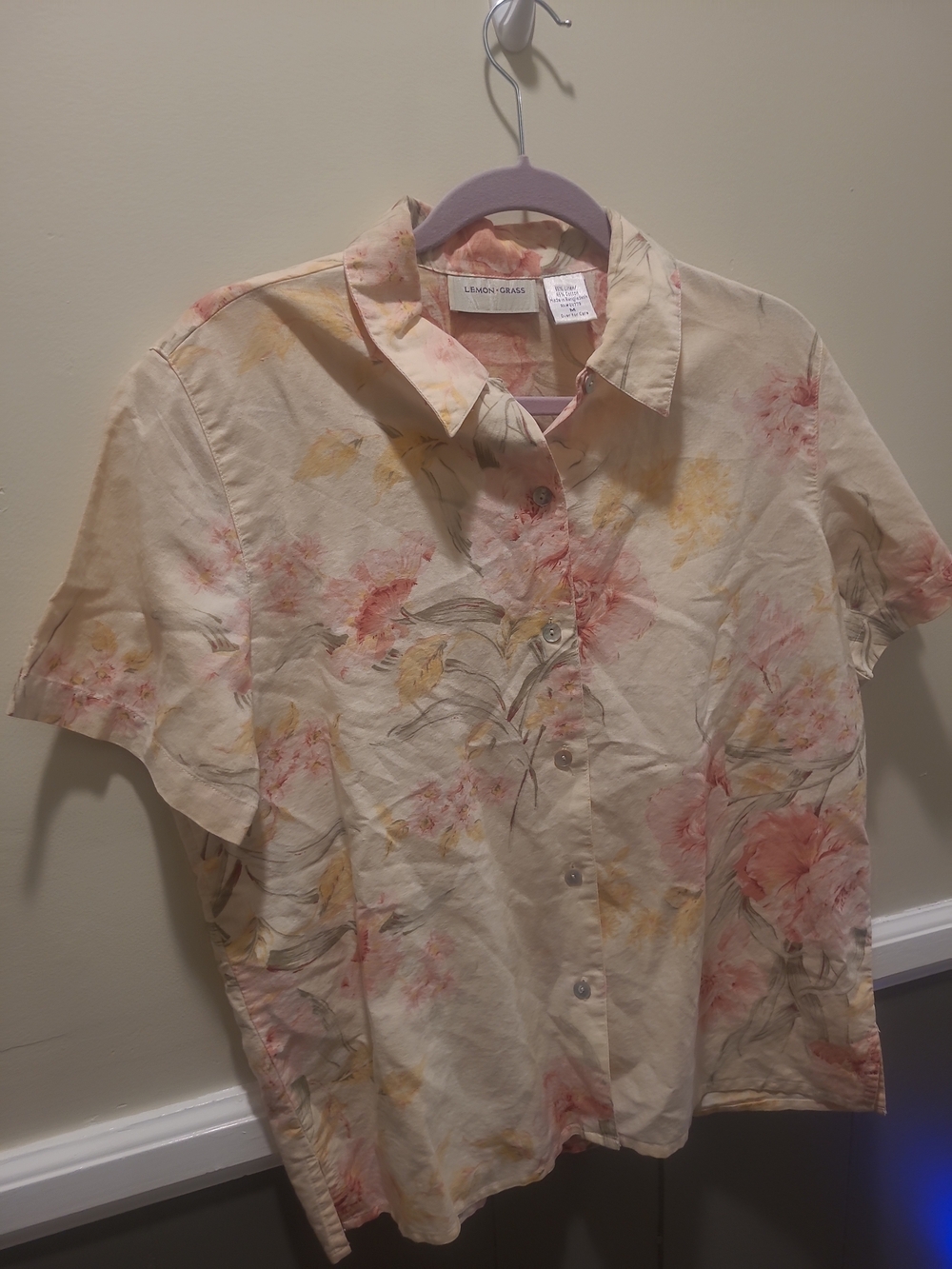 Vintage Lemon Grass Artsy Pink Floral Linen Blend Womens Blouse Top Size Medium
